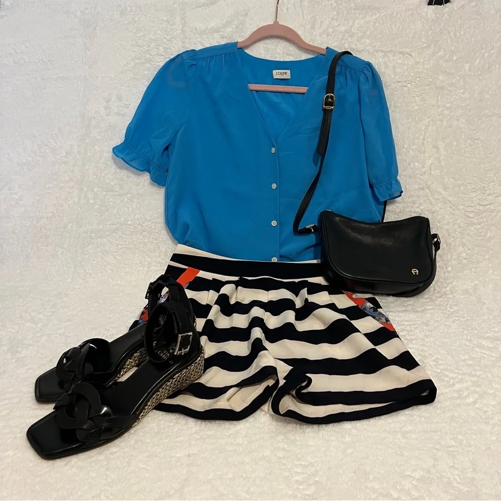 J. Crew Blue Buttoned Puff Sheer‎ Sleeve Blouse XS